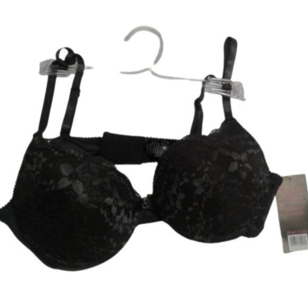 Plejue Intimates Size 36B Bra Black Lace Padded Underwire Adjustable Rhinestone